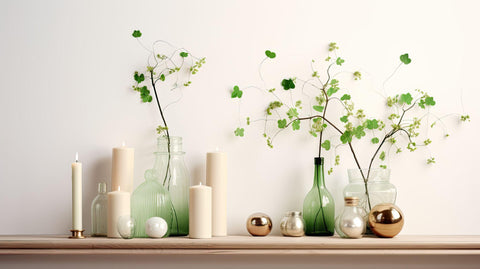 St. Patrick's Day decorations on a mantel on a white background.