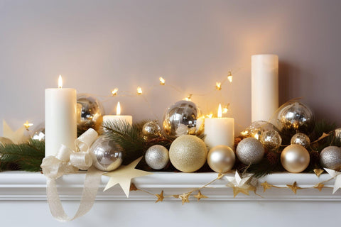 White mantelpiece decorated for New Years.