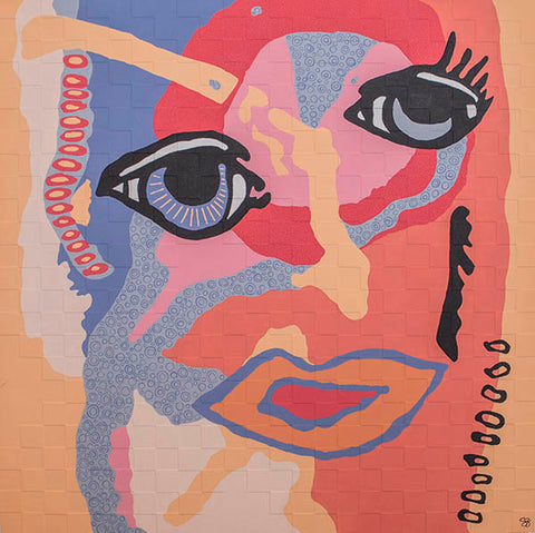 Suzanne Gibbs painting. An abstracted face in orange, pink and blue.