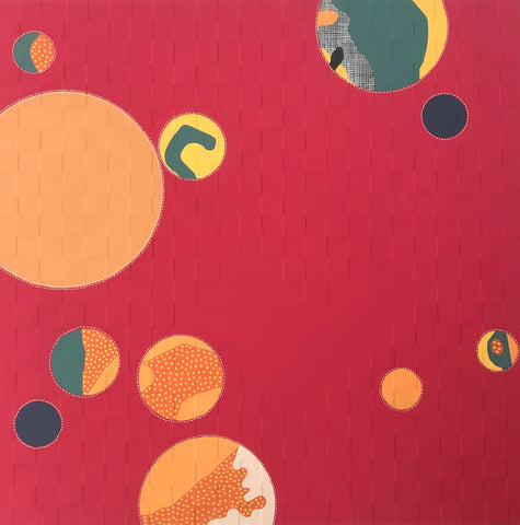 Suzanne Gibbs painting. Multi-colored dots on a deep orange background.