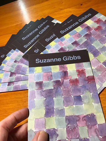 Suzanne Gibbs postcard design from 2018 with a muted colors watercolor painting in a grid.