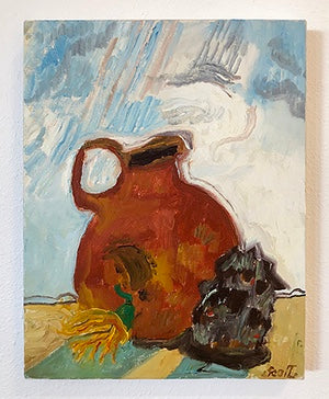Clay Vessel and Pinecone, by Sam Scott, oil on canvas, 18 x 24 inches