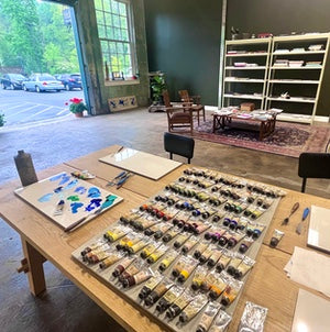 Demonstration table at Vasari Classic Artists' Oil Colors, Easton showroom