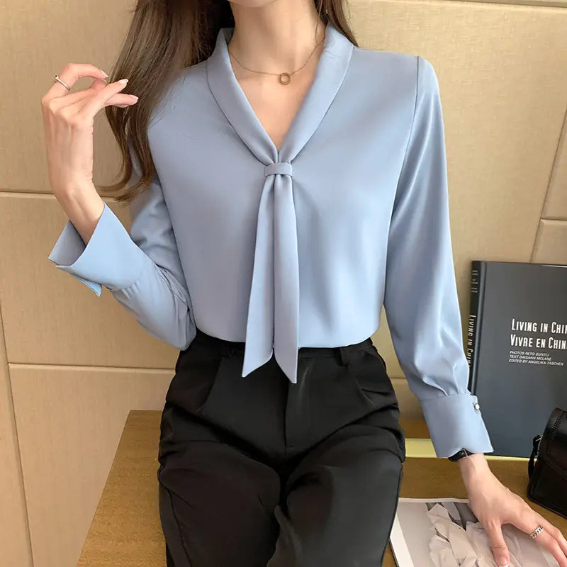 Elegance with Bow V-neck Blouse