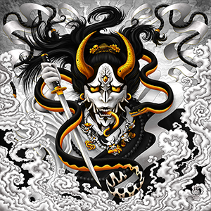 Hannya with a sea snake and kotachi, Japanese Youkai and Demon with katana sword - by Abysm Internal