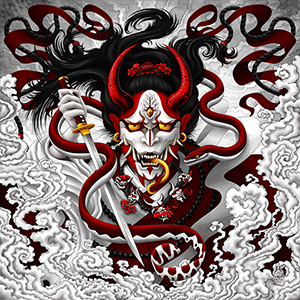 Hannya with a sea snake and kotachi, Japanese Youkai and Demon with katana sword - by Abysm Internal