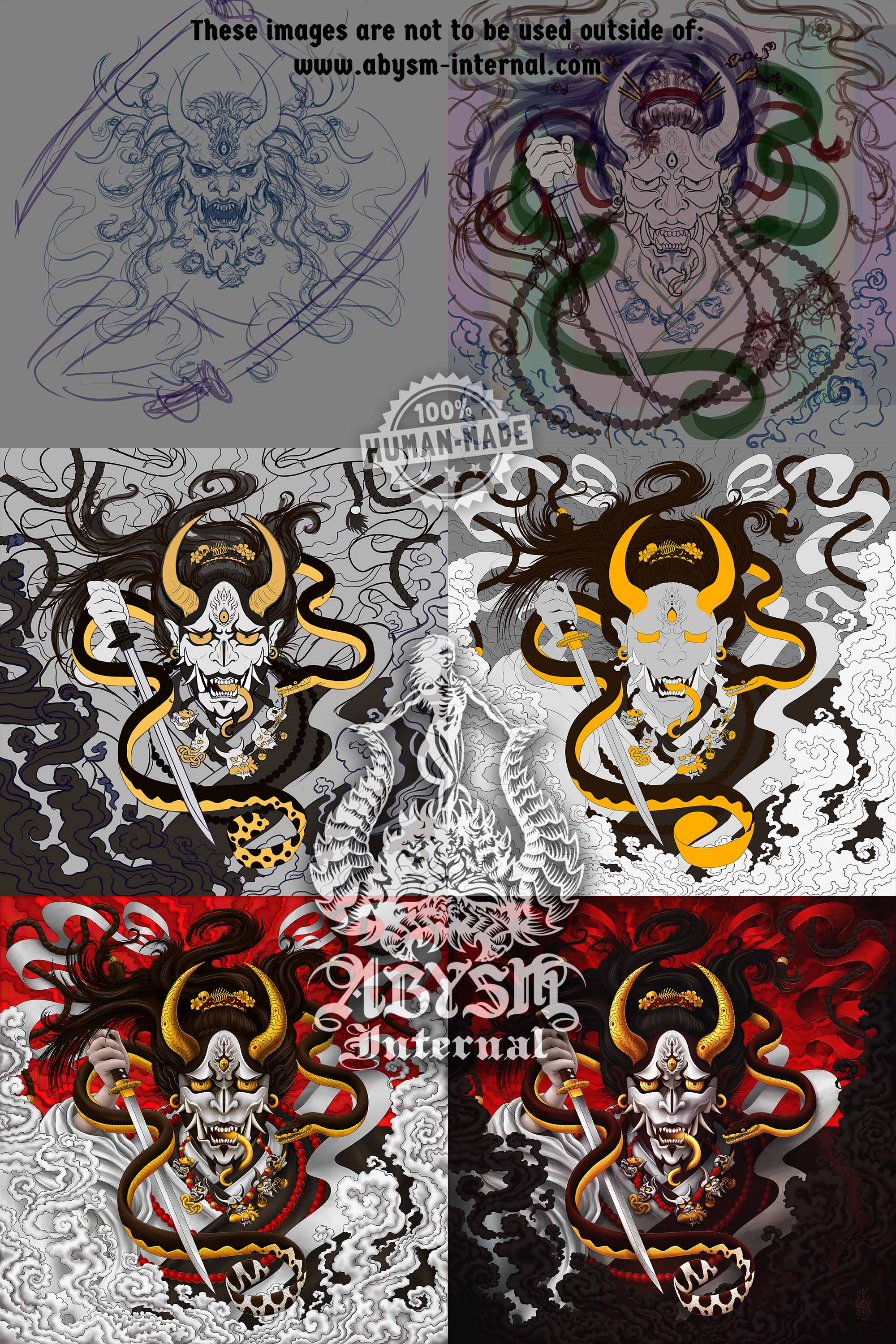 Japanese Demon Hannya and Snake Sketch process - by Abysm Internal