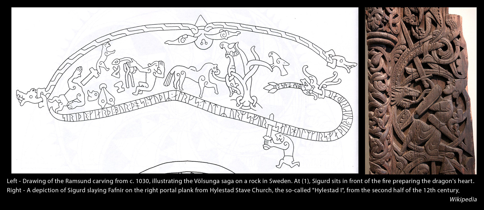 Fafnir, drawing from the Volsunga Saga on a rock in Sweden and a wooden carving of Sigurd killing Fafnir from a portal plank in Hylestad Stave Church in Norway