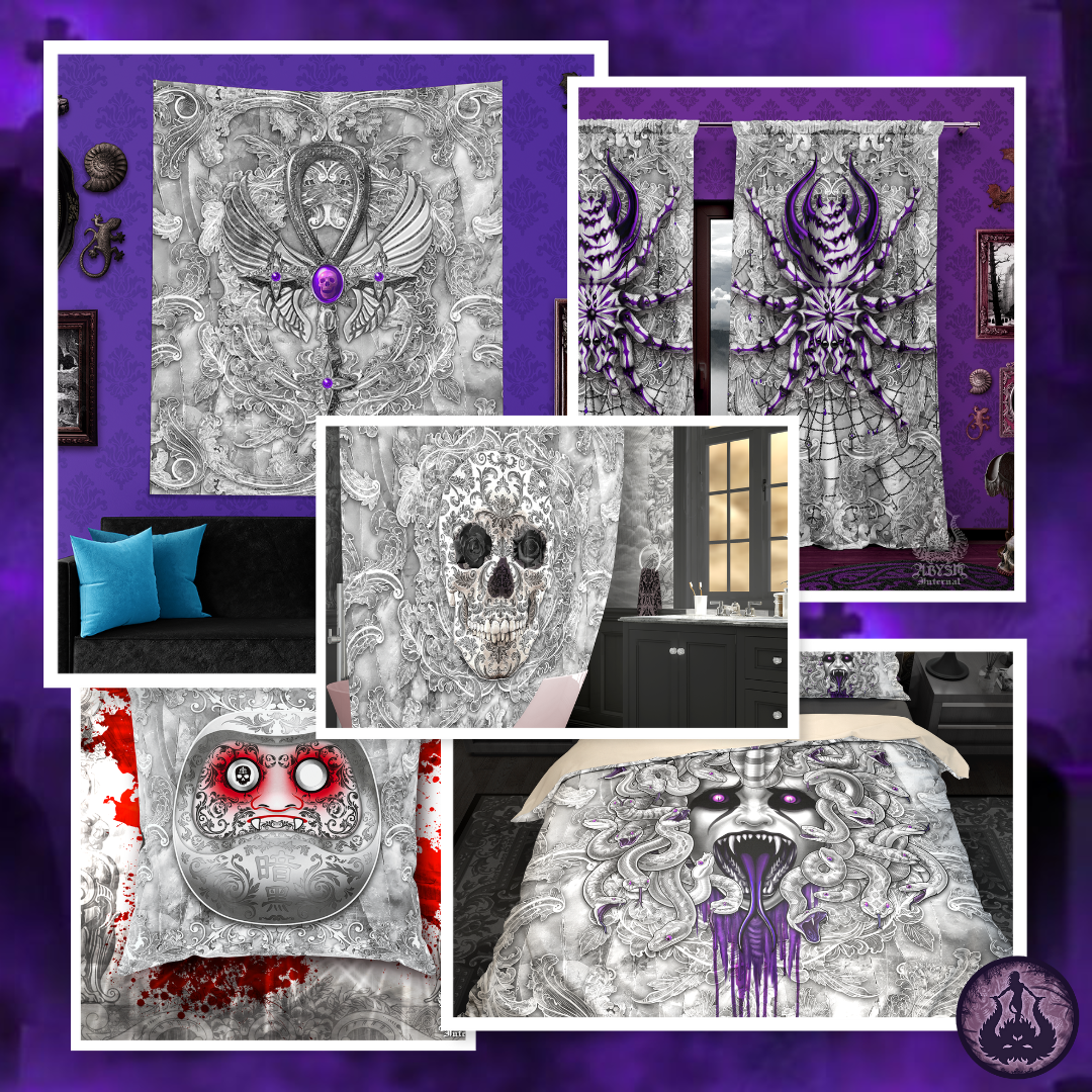 Spooky Halloween Ideas with Gothic Theme, Home Decor, Pillows, Curtains, Shower Curtains, Bedding Set, Hoodies, Cover Ups, Neck Gaiters, by Abysm Internal