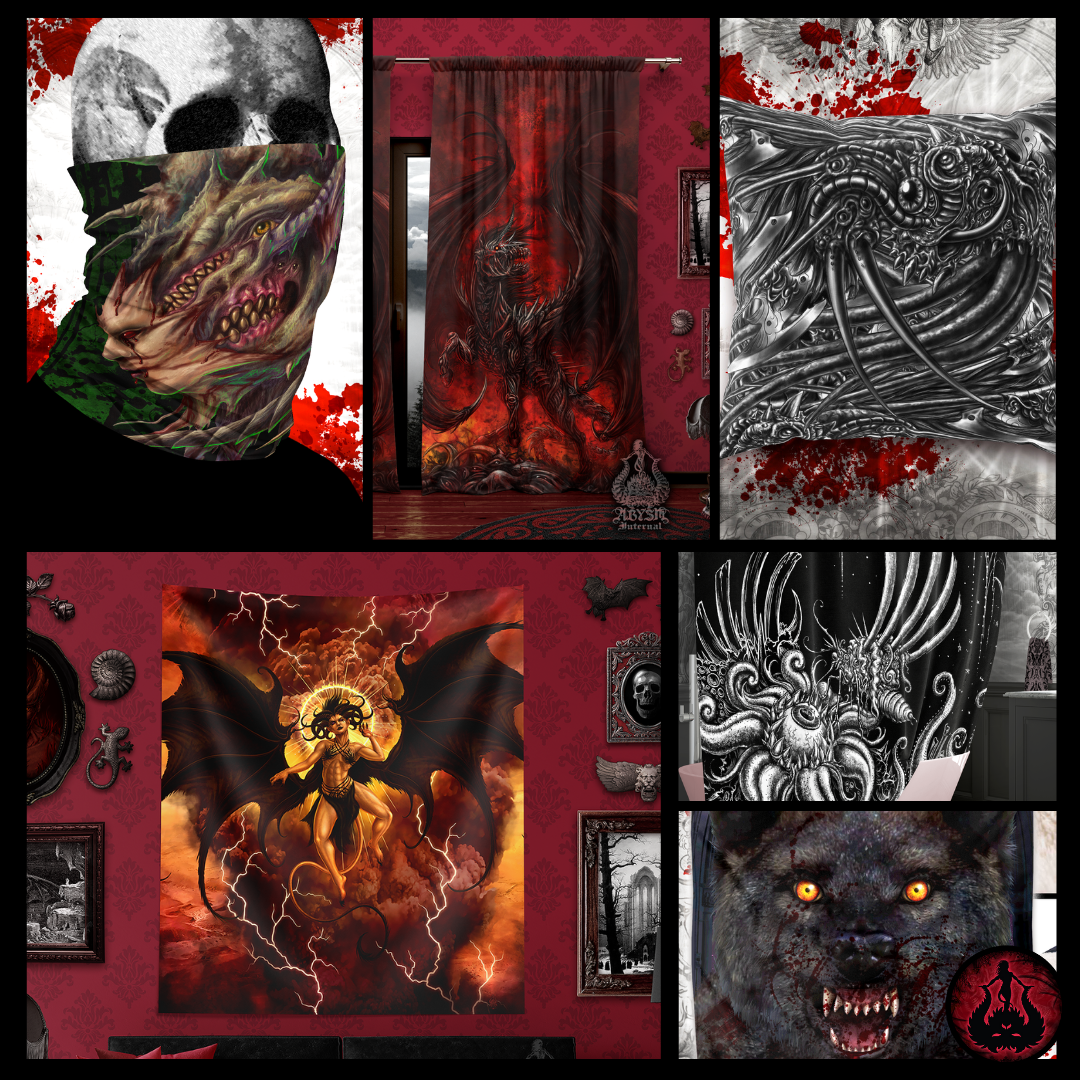 Spooky Halloween Ideas with dark fantasy, monsters and demons, Home Decor, Pillows, Curtains, Shower Curtains, Bedding Set, Hoodies, Cover Ups, Neck Gaiters, by Abysm Internal