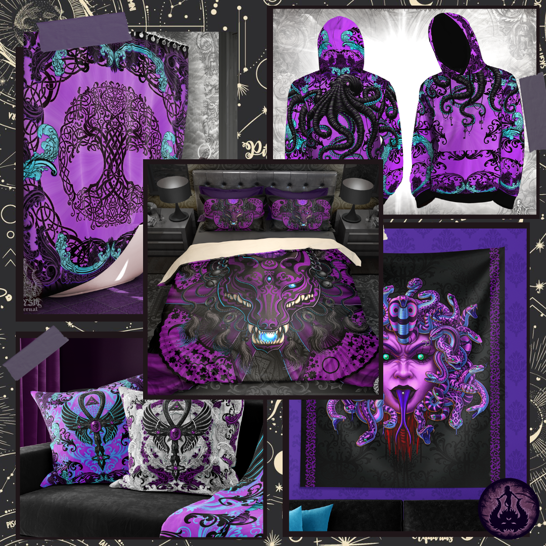 Witchy and Pastel ゴシック Halloween Ideas: Home Decor, Pillows, Curtains, Shower Curtains, Bedding Set, Hoodies, Cover Ups, Neck Gaiters, by Abysm Internal