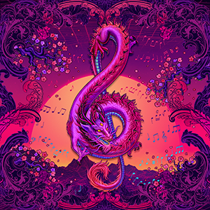 Vaporwave Asian Dragon in Treble Clef shape with Sunset, Synthwave, Retrowave Art by Abysm Internal