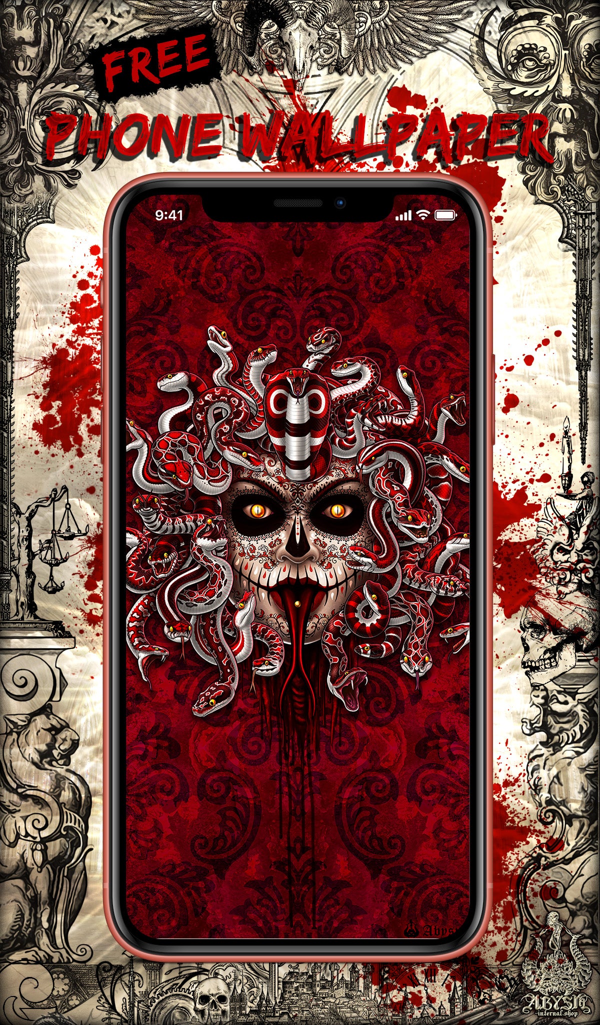 Free Wallpaper for Phone, depicting a Catrina Medusa with a Red and White Snakes, Mexican style Art