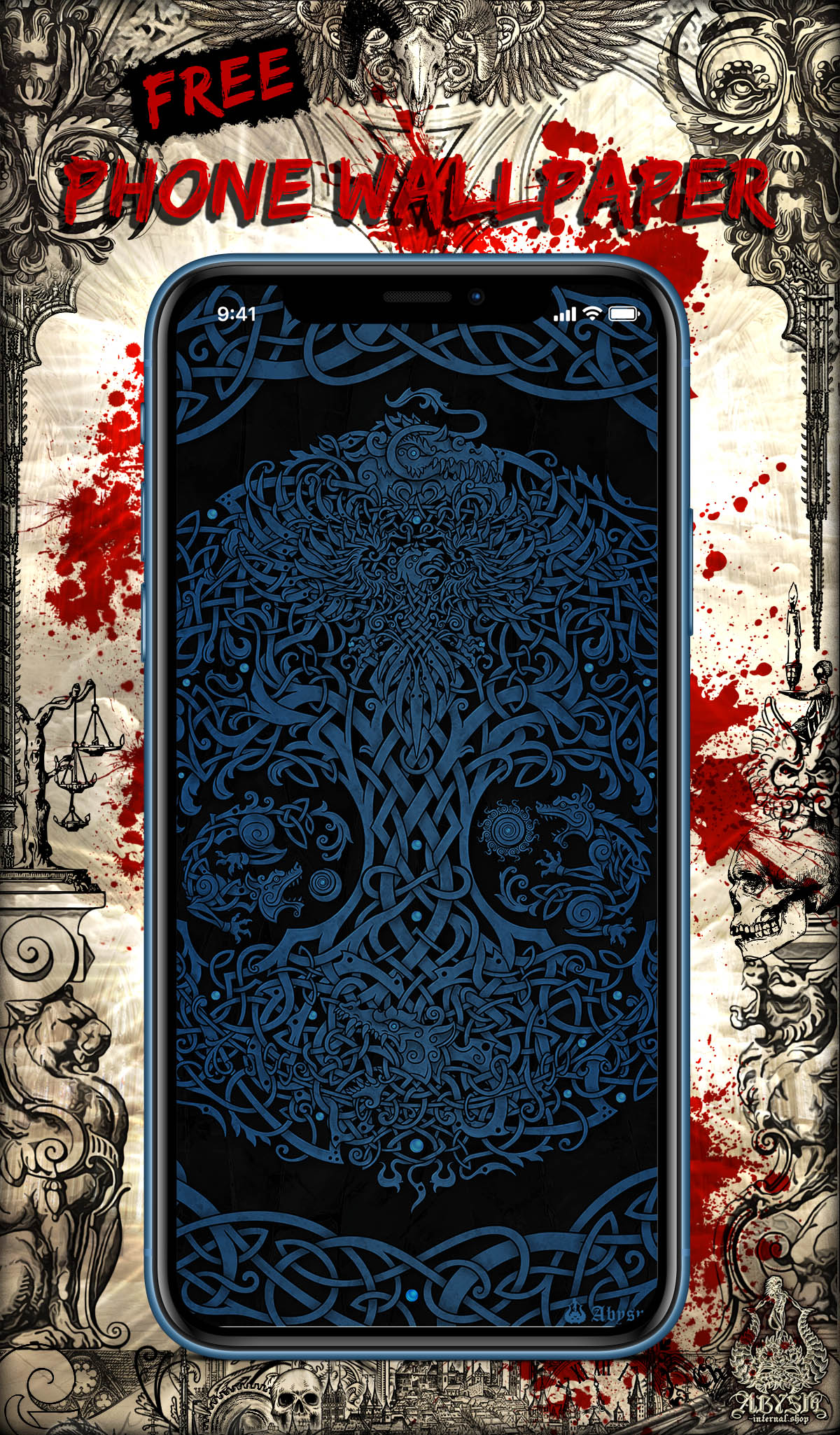 Free Wallpaper download of Viking style Tree of Life Yggdrasil, Jomundgard, Hati and Skoll, Norse Art by Abysm Internal