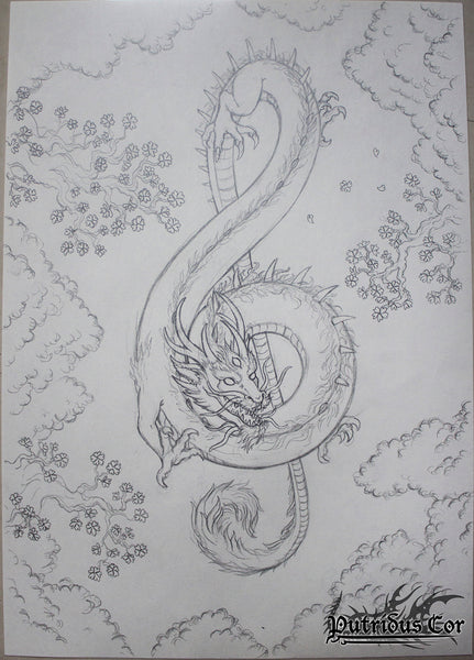 Dragon in treble clef shape, music note, drawing or sketch