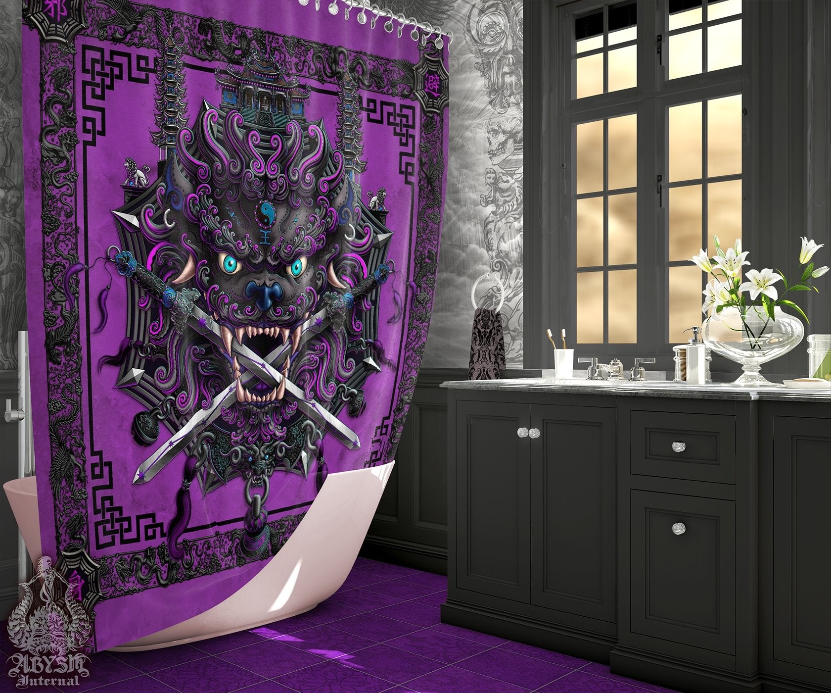 Lion Shower Curtain, 71x74 inches, Taiwan Sword Lion, Chinese Bathroom,  Alternative Fantasy Decor, Asian Mythology - Purple and White