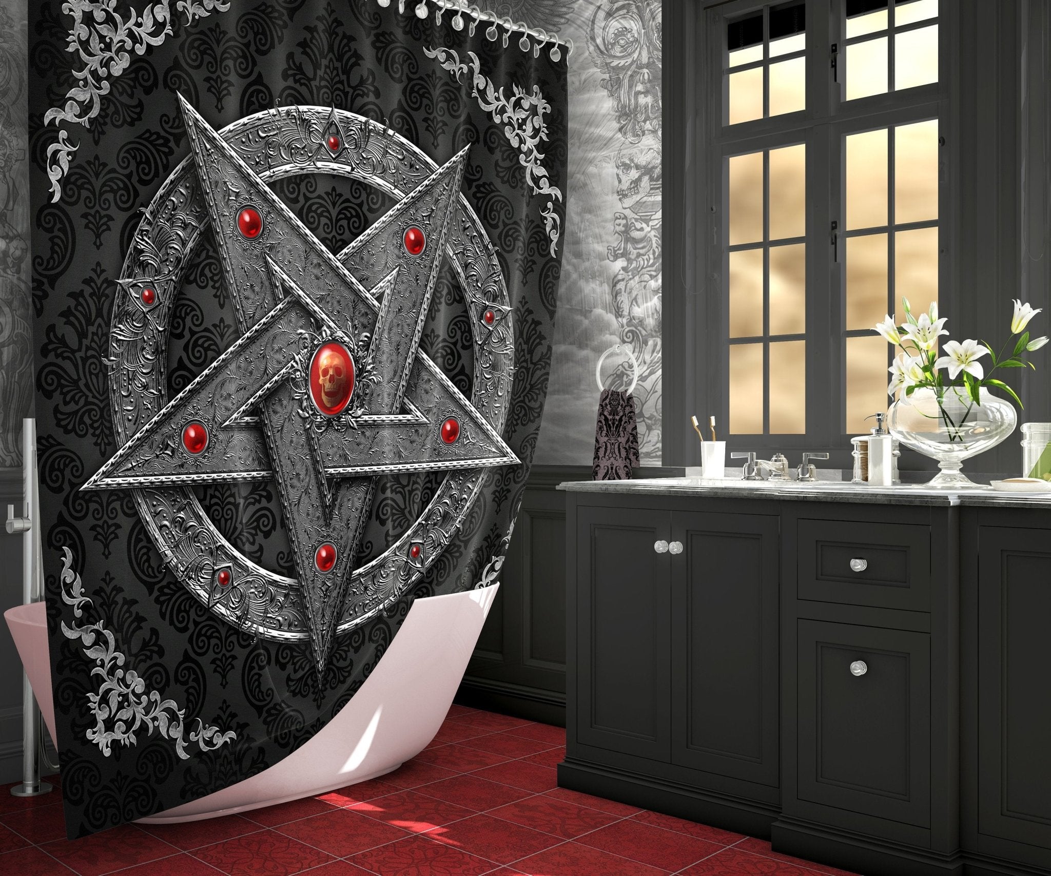 Red Pentagram Curtains, Satanic Art, 50x84' Printed Window Panels