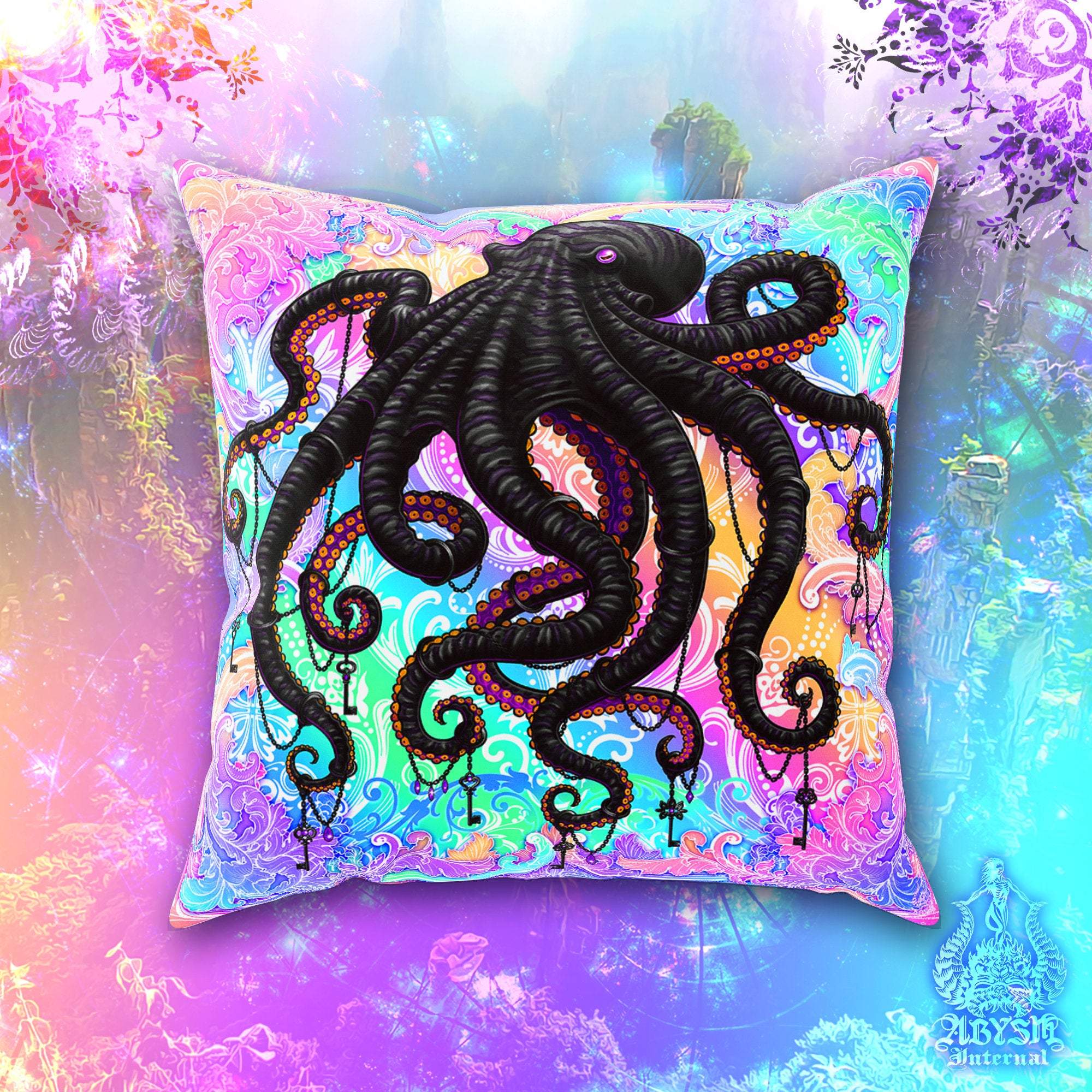 Pastel Goth Throw Pillow, Decorative Accent Pillow, Square Cushion Cover,  Whimsigoth Aesthetic, Gothic Room Decor, Octopus, Pastel Goth Home - Purple