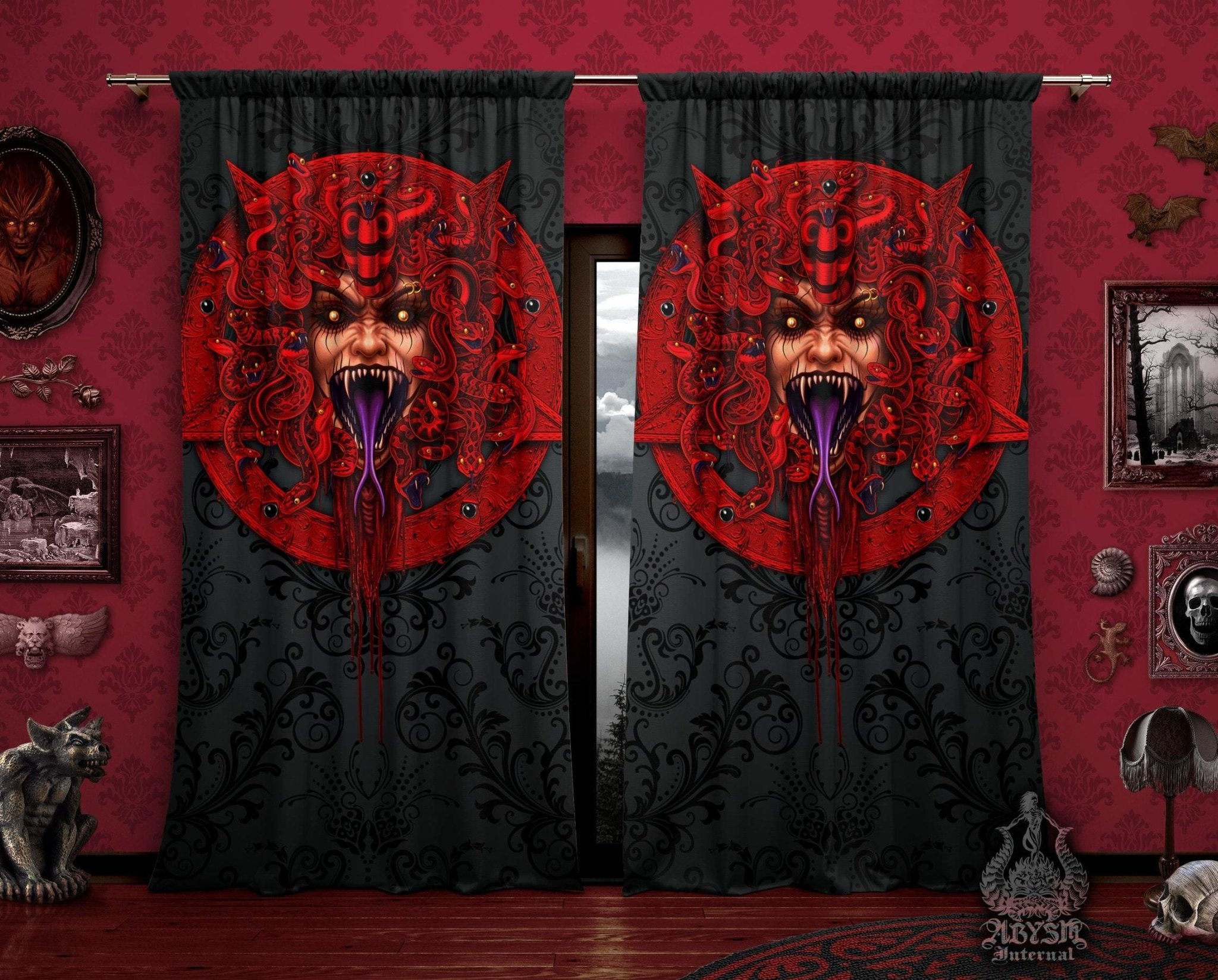 Red Pentagram Curtains, Satanic Art, 50x84' Printed Window Panels