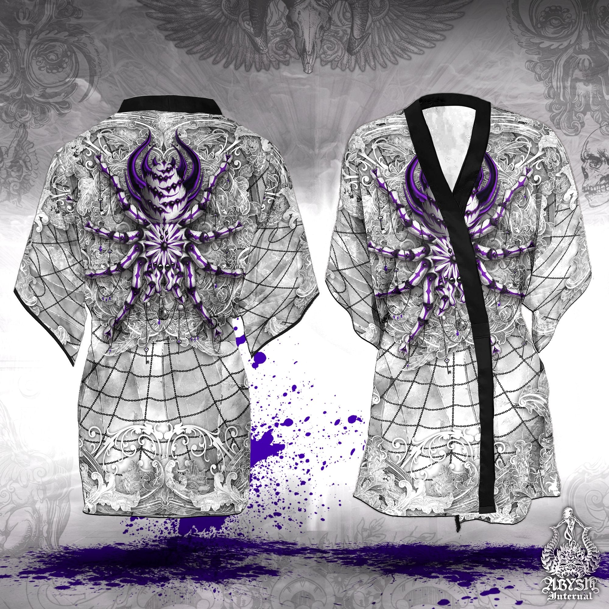 Spider Short Kimono Robe, Beach Party Outfit, White Goth Coverup 