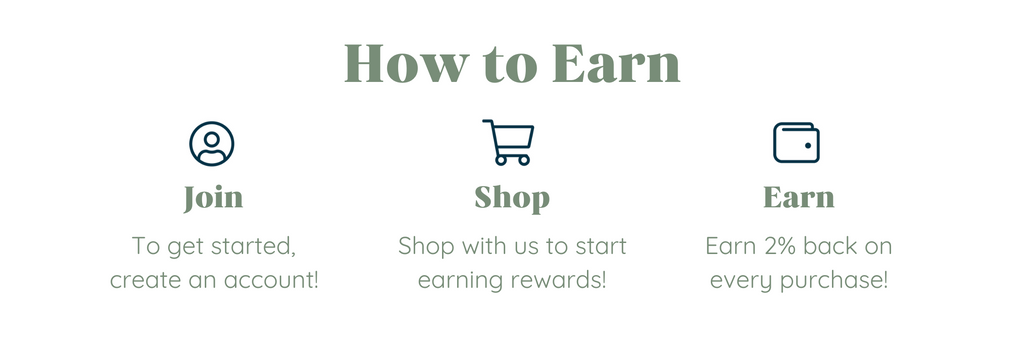 How to Earn Join To get started, create an account! Shop Shop with us to start earning rewards! Earn Earn 2% back on every purchase!