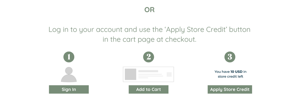 OR  Log in to your account and use the ‘Apply Store Credit’ button in the cart page at checkout.