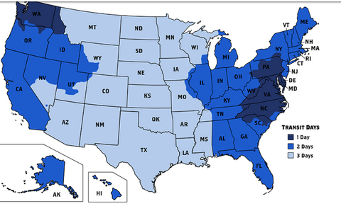 Map of the United States with anticipated ship times to all locations for frozen wild seafood