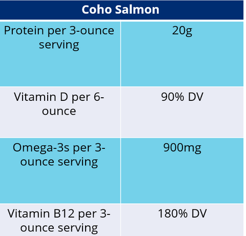 Wild Coho Salmon Nutrition Highlights including Omega-3s, vitamin D, Protein and vitamin B