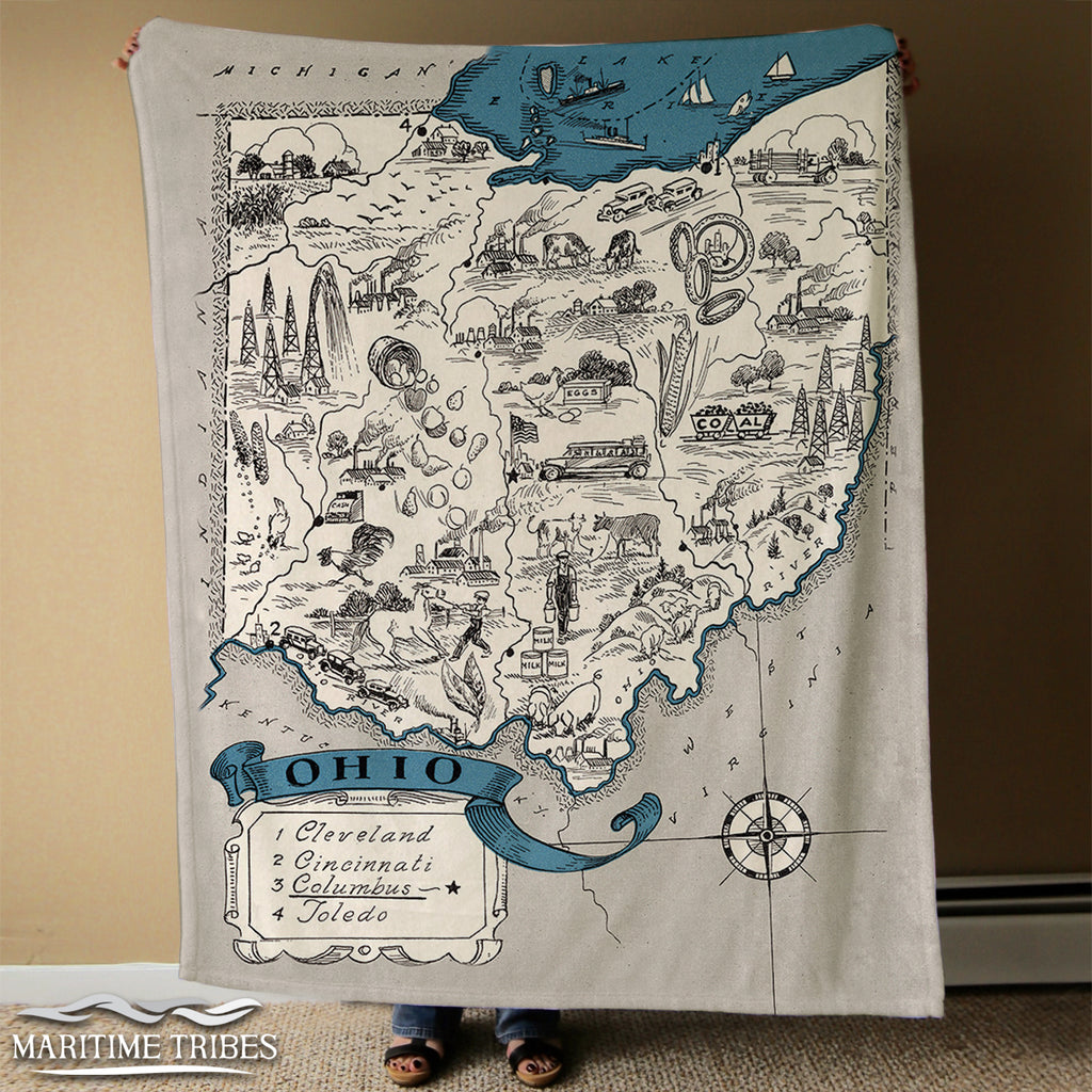 Ohio Vintage 2-Toned Pictorial Map Blanket