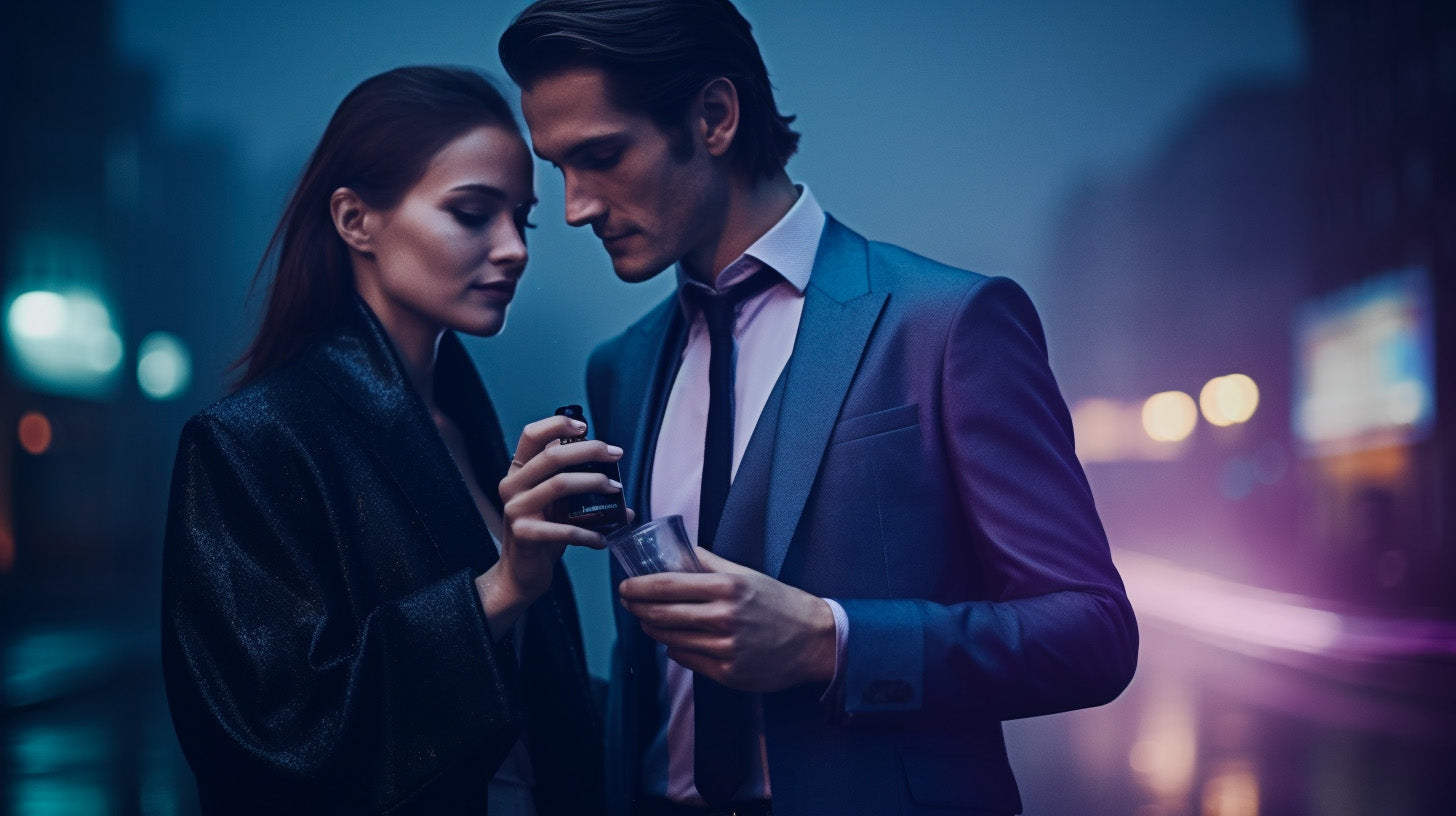 man and woman on romantic date holding bottle of cologne