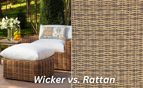 White text says Wicker versus Rattan. Photo of wicker lounge chair on the left and a close up of wicker on the right.
