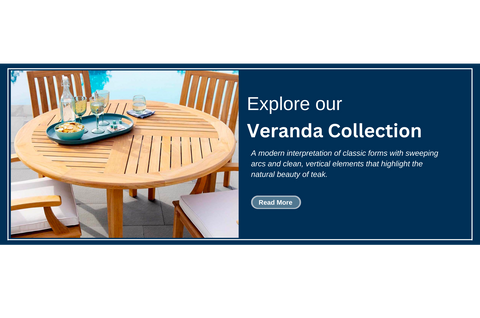 Thos. Baker Veranda Collection preview image. An outdoor patio dining table made of natural teak with chairs in front of a pool. On a navy background it says, "Explore our Veranda Collection."