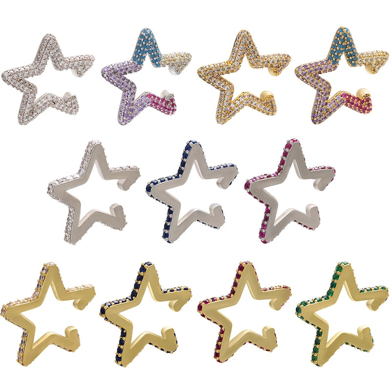 Rainbow Star Pentagram Hoop Earrings for Women with Zircon in Gold Color