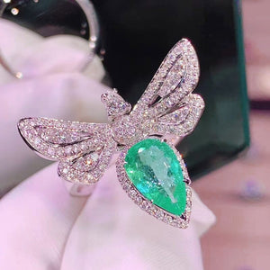 Micro Pave Butterfly Cocktail Ring with Green Water Drop Zircon in 925 Sterling Silver