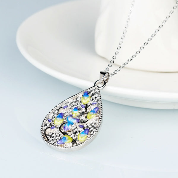 Exquisite Orchid Flower Enamel Pendant Necklaces with Zircon in 925 Sterling Silver