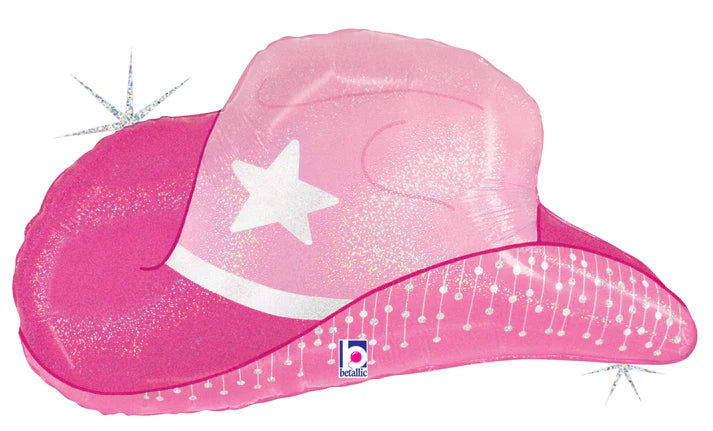 26inc  Pink Cowgirl Hat Glitter Holographic Foil Balloon