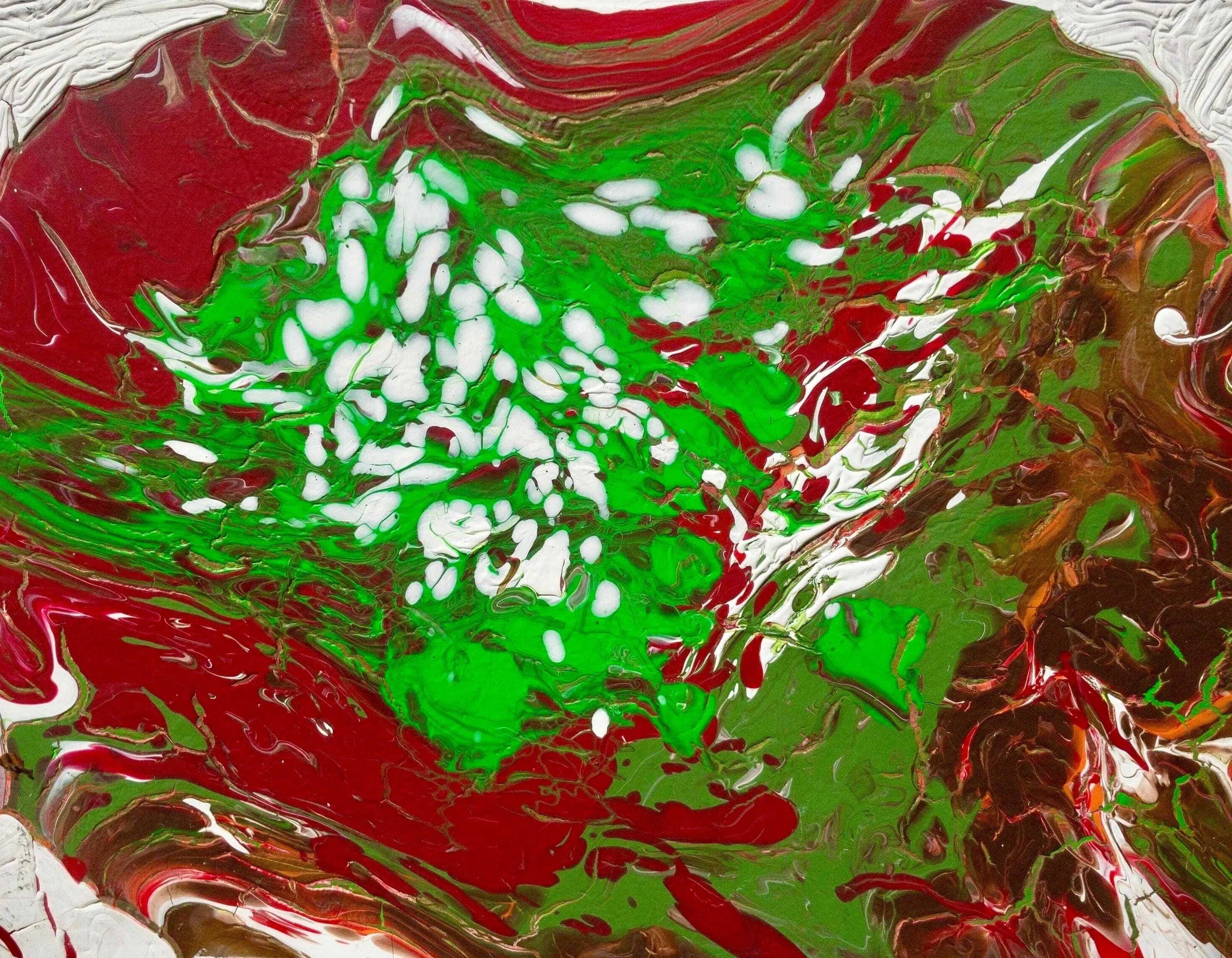 Art with Evie - Candy cane inspired, white, green and red with brown colored abstract art painting.