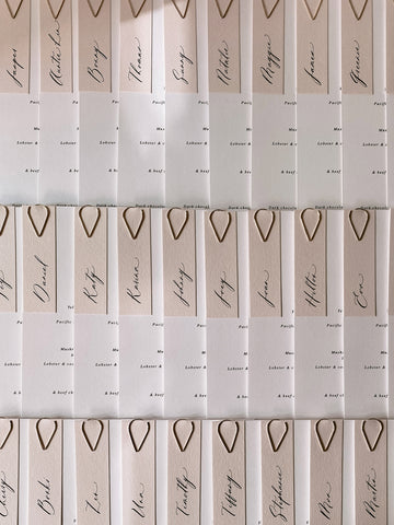 Beige calligraphy place cards clipped onto white wedding menu cards