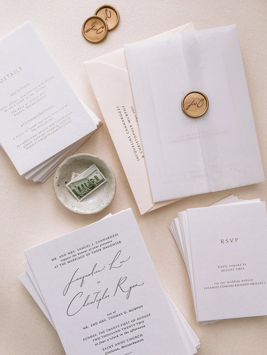 Letterpress wedding invitation suite with calligraphy script monogram gold wax seal