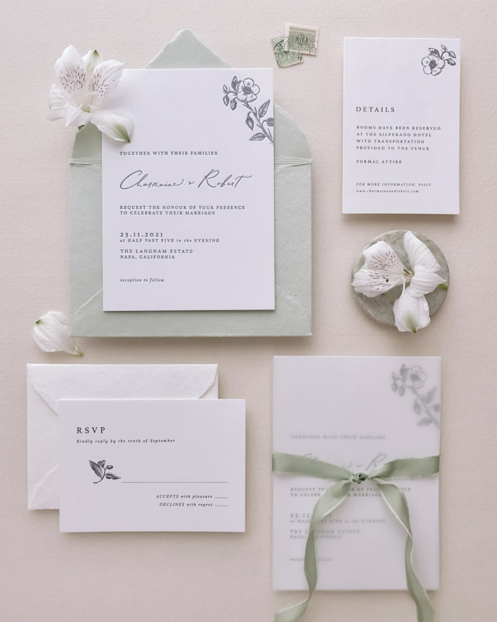 Wedding invitation suite with details card, RSVP and vellum wrap