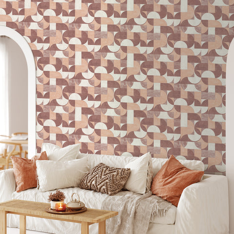 Composed Shapes peel and stick wallpaper in a living room with a white couch