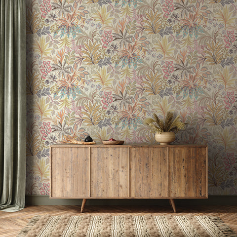 Crafted Floral Peel and Stick Wallpaper behind a wooden console