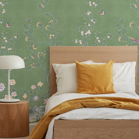 Chinoiserie Garden Wall Mural in a bedroom