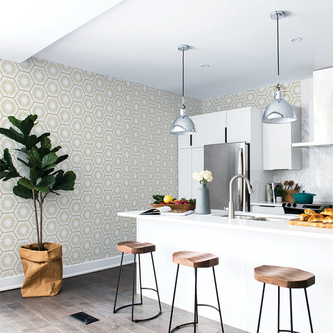 Metallic hexagon wallpaper design in a modern kitchen