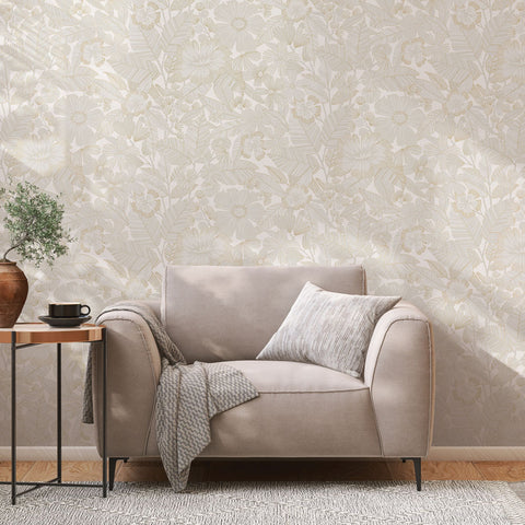 Metallic Bloom floral wallpaper in a living room and textured wall