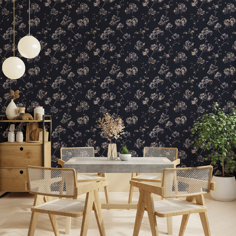 Dark blue Sun-bleached Floral peel and stick wallpaper in a dining room with light wood furniture.