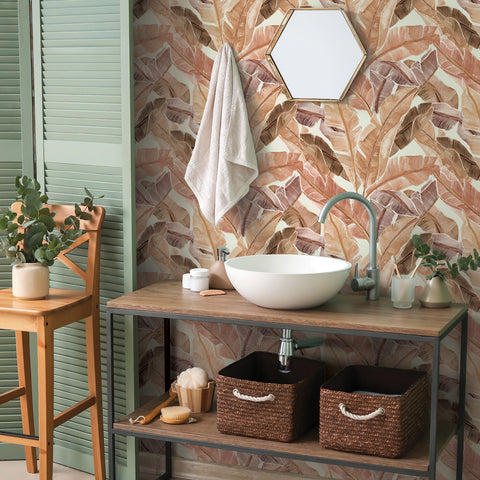 Bahama Palm wallpaper in a burnt amber color featured in a bathroom with an open vanity