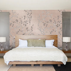 Garden Blush Metallic Chinoiserie in a bedroom