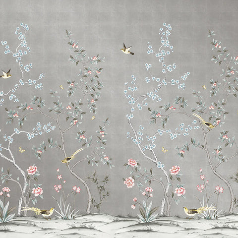 Image of Chinoiserie Garden Metallic Silver wall mural layout