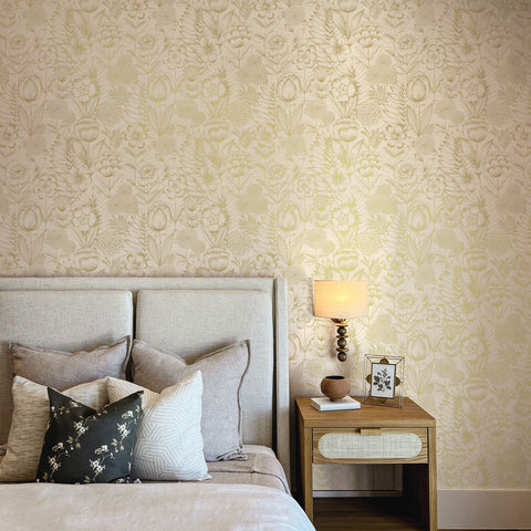 Metallic floral wallpaper by Tempaper in a bedroom